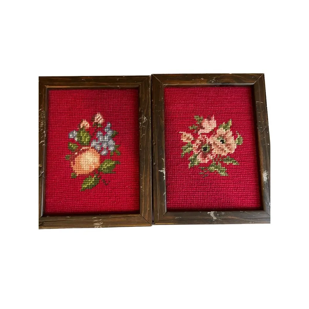 Pair of Vintage framed Finished needlepoint pieces Floral
